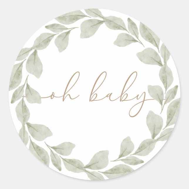 Gender Neutral Eucalyptus Leaf Baby Shower Classic Round Sticker (Front)