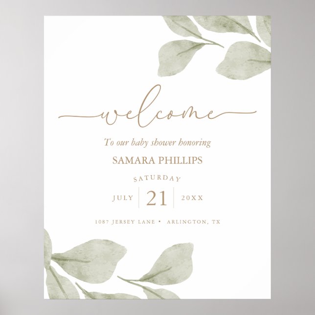 Gender Neutral Eucalyptus Leaf Baby Shower Welcome Poster (Front)
