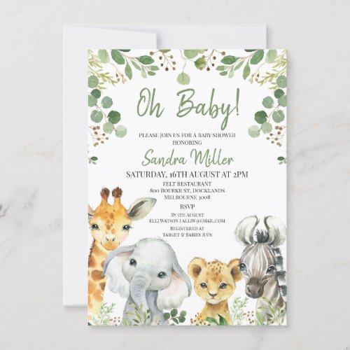 Gender Neutral Eucalyptus Safari Baby Shower  Invitation - Gender Neutral Eucalyptus Safari Baby Shower Invitation
 
Sweet safari themed baby shower invitation featuring four cute watercolor safari animals and some grey eucalyptus foliage .   All text is editable making this a very flexible template.  This safari animals and foliage baby shower invitation is a sweet way to invite guests to a gender neutral safari animals themed baby shower.