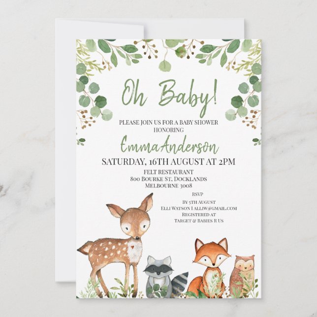 Gender Neutral Eucalyptus Woodland Baby Shower Invitation (Front)