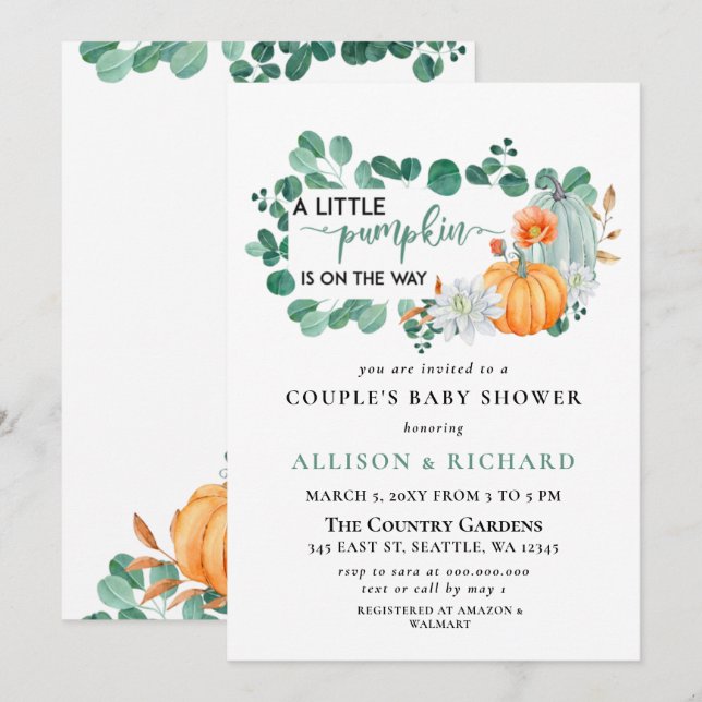 Gender neutral fall Pumpkin Eucalyptus Baby Shower Invitation (Front/Back)
