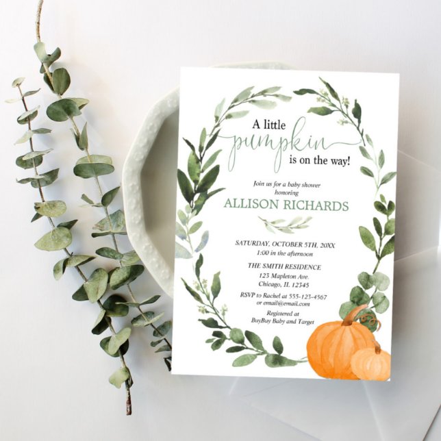 Gender neutral fall pumpkin eucalyptus baby shower invitation