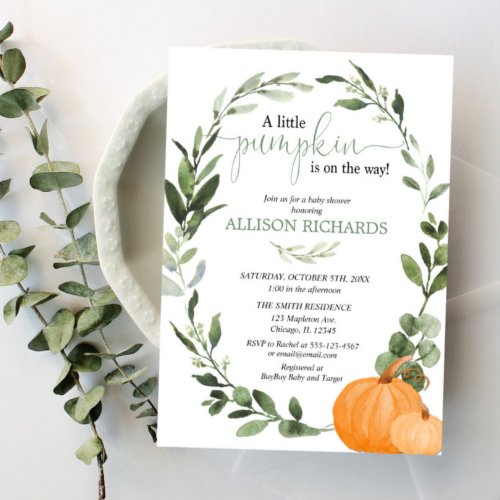 Gender neutral fall pumpkin eucalyptus baby shower invitation