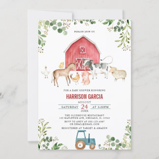 Gender Neutral Farm Barnyard Animal Baby Shower Invitation