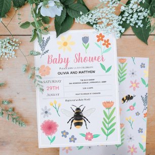 Gender Neutral Floral Woodland Bee Baby Shower Invitation