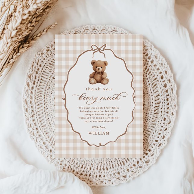 Gender Neutral Gingham Teddy Bear Baby Shower Thank You Card (Creator Uploaded)