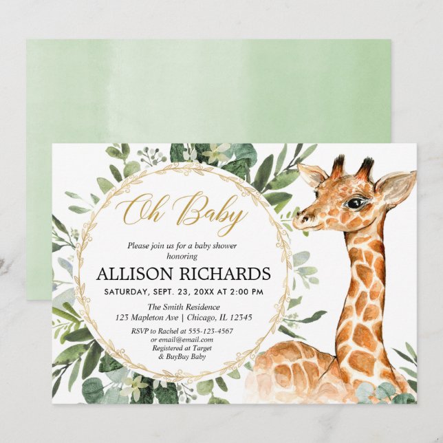 Gender neutral giraffe greenery baby shower invitation (Front/Back)