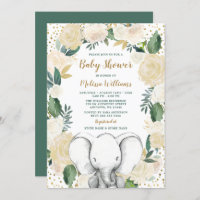 Gender Neutral Gold Greenery Elephant Baby Shower Invitation