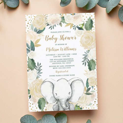 Gender Neutral Gold Greenery Elephant Baby Shower Invitation