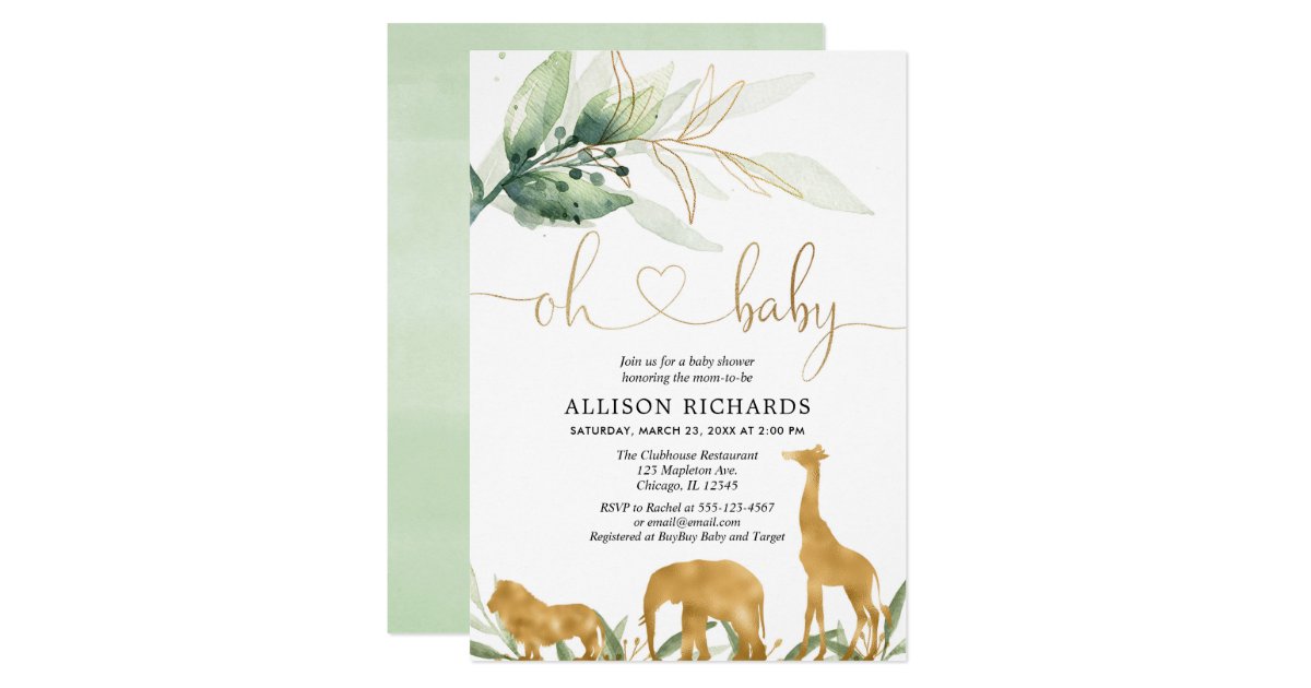 Gender neutral gold greenery safari baby shower invitation