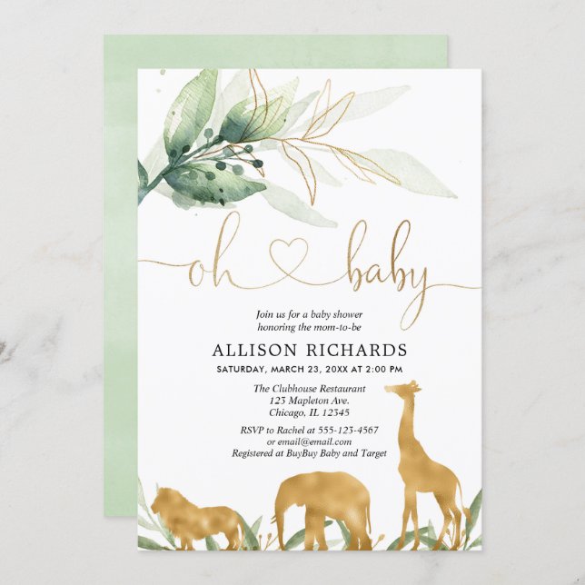 Gender neutral gold greenery safari baby shower invitation (Front/Back)