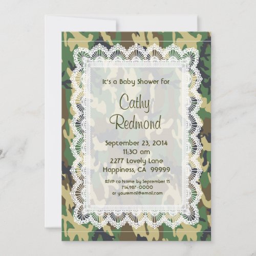 GENDER NEUTRAL Green Camo Lace  Baby Shower V11 Personalized Invitations