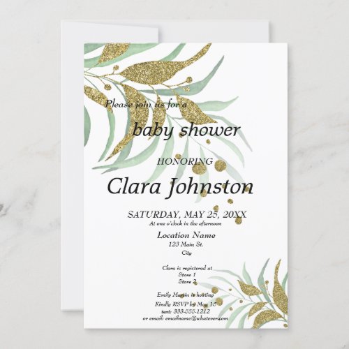Gender Neutral Green Gold Glitter Foliage Baby Invitation