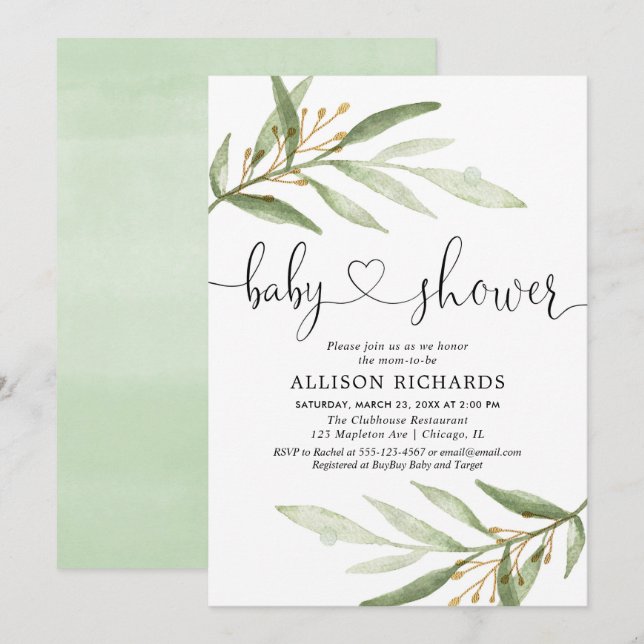 Gender neutral green gold greenery baby shower invitation (Front/Back)