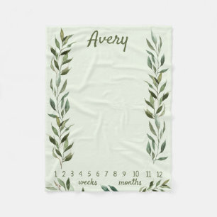 Gender Neutral Green Leaves Milestone Month Week Fleece Blanket