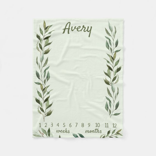 Gender Neutral Green Leaves Milestone Month Week Fleece Blanket (Front)