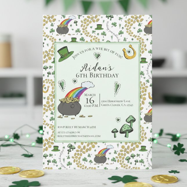 Gender Neutral Green St Patricks Day Kids Birthday Invitation (Cute St Patrick's Day Kids Birthday Invitations. Pattern of Irish Lucky Green Shamrocks, Hearts)