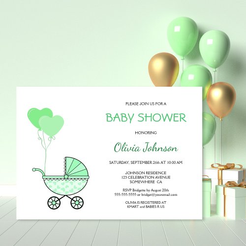 Gender Neutral Green Stroller Baby Shower Invitation