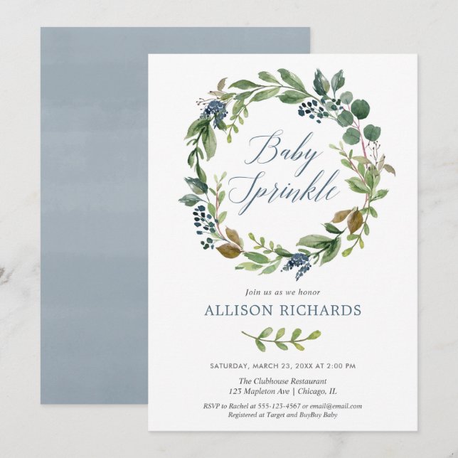 Gender neutral greenery dusty blue baby sprinkle invitation (Front/Back)