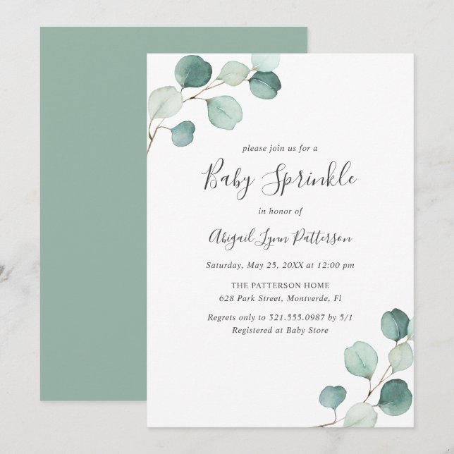 Gender Neutral Greenery Eucalyptus Baby Sprinkle Invitation (Front/Back)