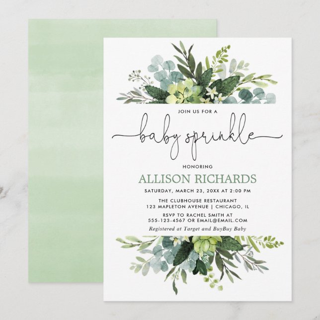 Gender neutral greenery foliage baby sprinkle invitation (Front/Back)