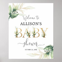 Gender neutral greenery gold baby shower welcome poster