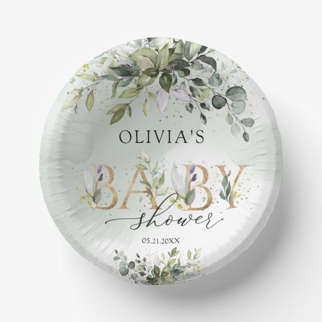 Gender neutral greenery gold letters Baby Shower Paper Bowls (Front)