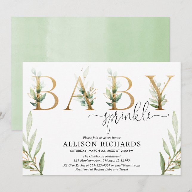 Gender neutral greenery green gold baby sprinkle invitation (Front/Back)