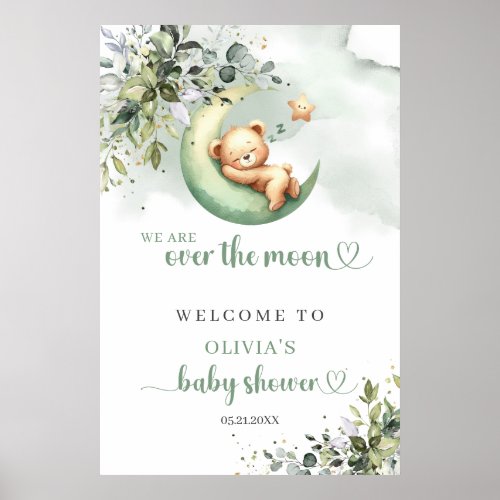 Gender neutral greenery over the moon teddy bear poster