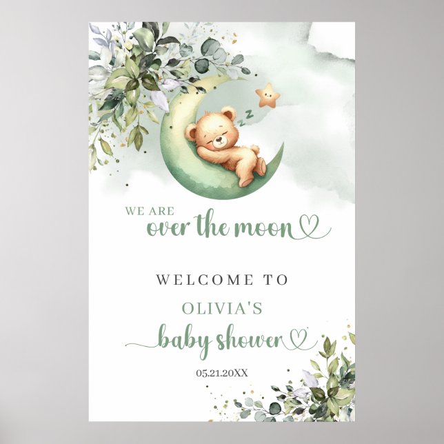 Gender neutral greenery over the moon teddy bear poster (Front)