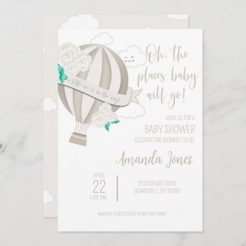 Gender Neutral Hot Air Balloon With Roses Shower Invitation
