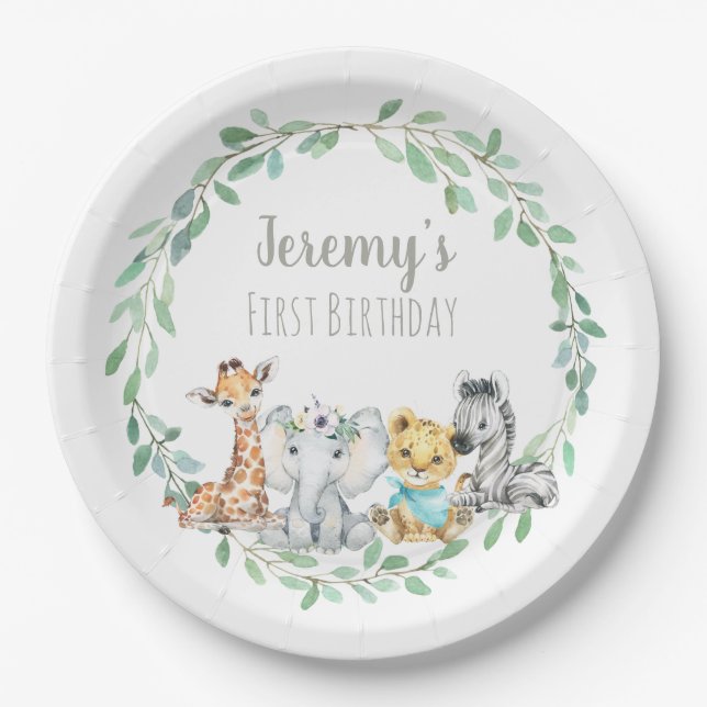 Gender Neutral Jungle Safari Baby First Birthday Paper Plates (Front)