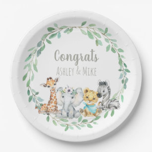 Gender Neutral Jungle Safari Greenery Baby Animal Paper Plates
