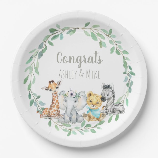 Gender Neutral Jungle Safari Greenery Baby Animal Paper Plates (Front)