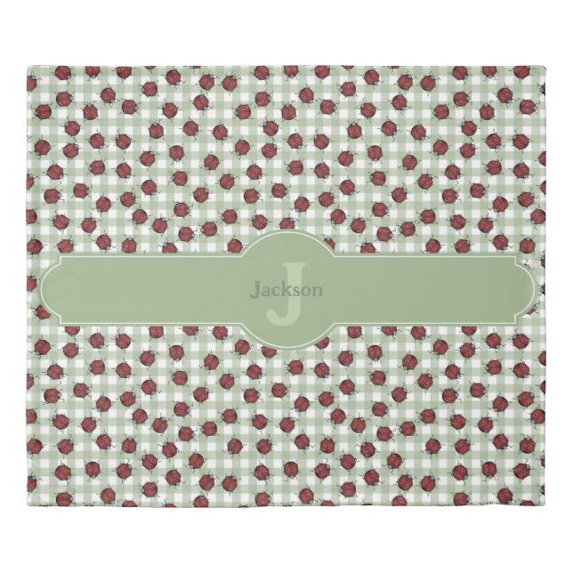 Gender Neutral Ladybug Pattern Green Gingham Name Duvet Cover (Front)