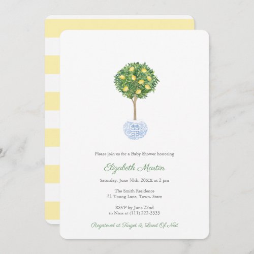 Gender Neutral Lemon Tree Topiary Baby Shower Invitation - Handpainted "lemon tree" topiary in a ginger jar planter this classic baby shower invitation design. This was handpainted by yours truly in watercolors onto 100% cotton paper and scanned into digital form. You can change the yellow of the stripes on the reverse to any color you want, by entering the design tool and changing the background color. To enter the design tool, click to "customize further" underneath the text customization boxes.