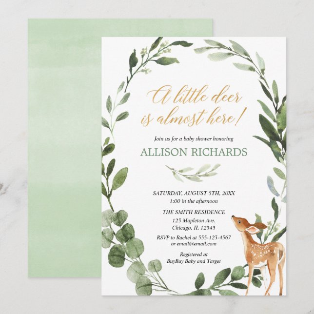 Gender neutral little deer greenery baby shower invitation (Front/Back)