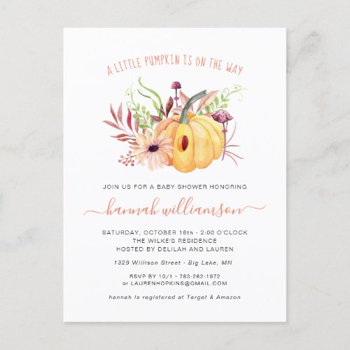 Gender Neutral Little Pumpkin Autumn Baby Shower Invitation Postcard