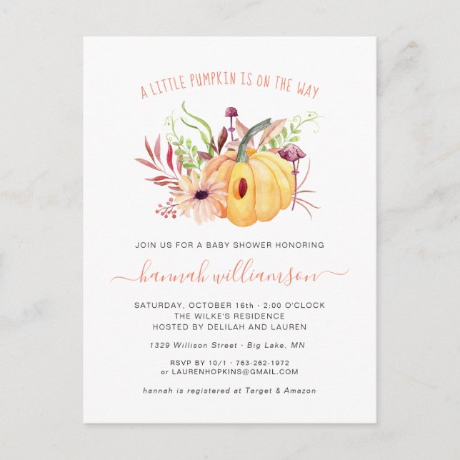 Gender Neutral Little Pumpkin Autumn Baby Shower Invitation Postcard (Front)