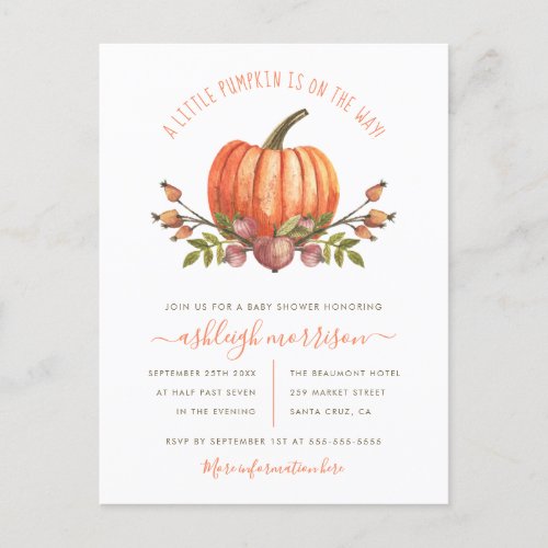 Gender Neutral Little Pumpkin Autumn Baby Shower Invitation Postcard