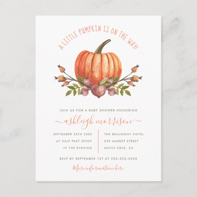Gender Neutral Little Pumpkin Autumn Baby Shower Invitation Postcard (Front)
