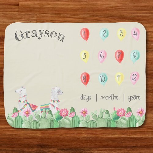 Gender Neutral Llama Balloons Milestone Months Baby Blanket