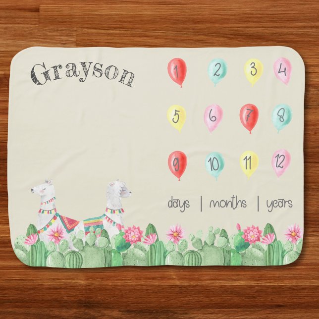 Gender Neutral Llama Balloons Milestone Months Baby Blanket (gender neutral baby milestone blanket llama party balloon cactus theme photo  monthly growth tracker)