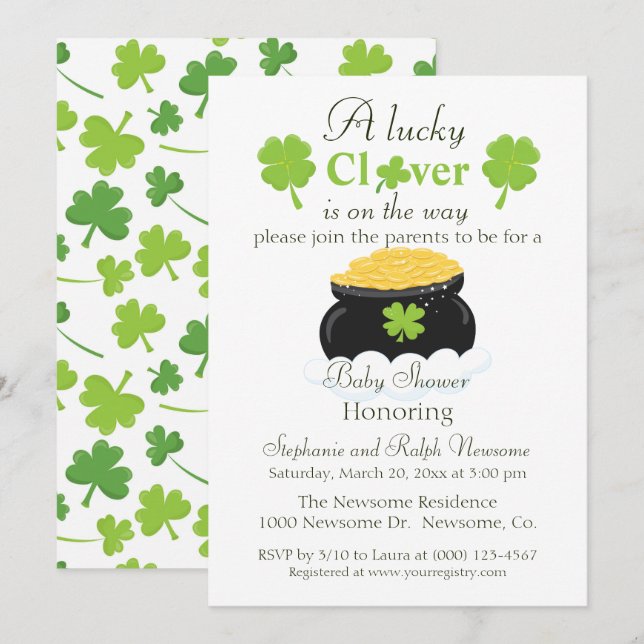 Gender Neutral Lucky Clover Baby Shower Invitation (Front/Back)