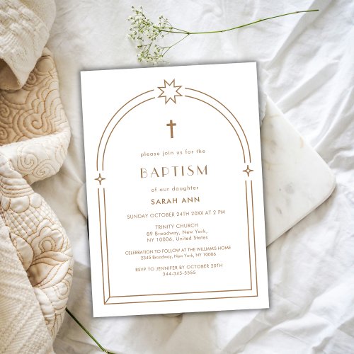 Gender Neutral Minimalist Boho Arch Cross Baptism  Invitation