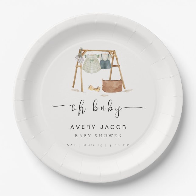 Gender Neutral Minimalist Boho Baby Shower Clothes Paper Plates (Front)