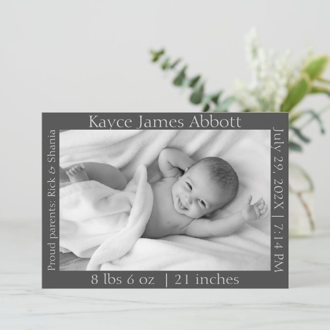 Gender Neutral Minimalist Gray Birth Announcement  (Standing Front)