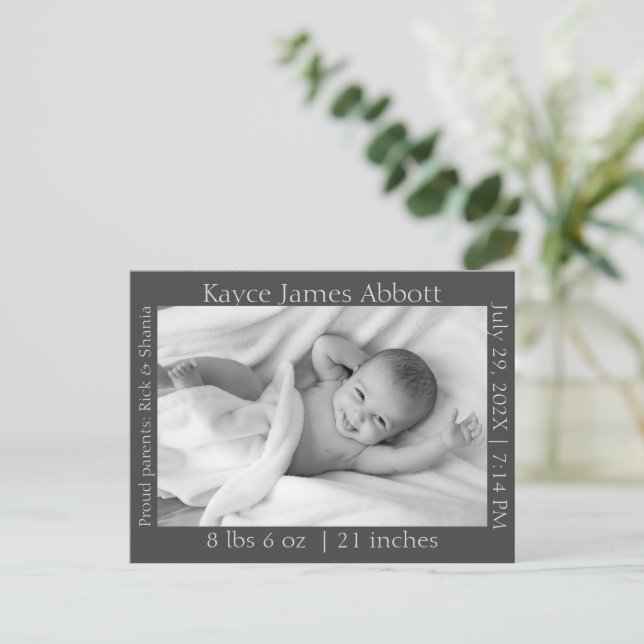 Gender Neutral Minimalist Gray Birth Announcement  Postcard (Standing Front)