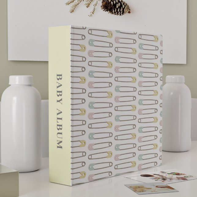 Gender Neutral Modern Yellow Baby Photo Album 3 Ring Binder (Add your baby photos to this cute lemon diaper pin patterned baby binder!)