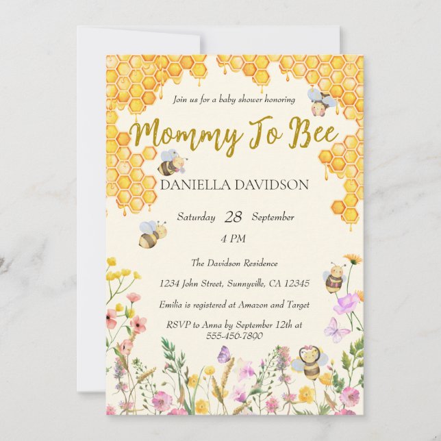 Gender Neutral Mommy to Bee Floral Baby Shower Invitation (Front)